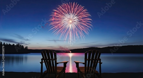 Canada day fireworks display scenic lakeside background with text copy space
