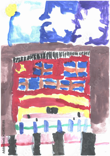 Child's Painting of a Pink and Red Multi-Storey House with Sun and Clouds