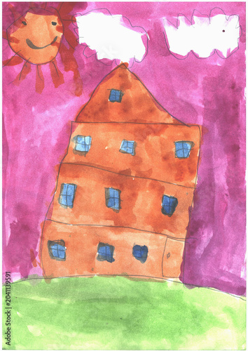 Child's Painting of a Multi-Storey Orange House with Blue Windows, Smiling Sun and Clouds on a Purple Sky over Green Grass