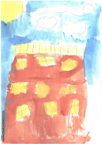 Child's gouache drawing of an orange multi-storey house with yellow windows, blue sky, sun and clouds