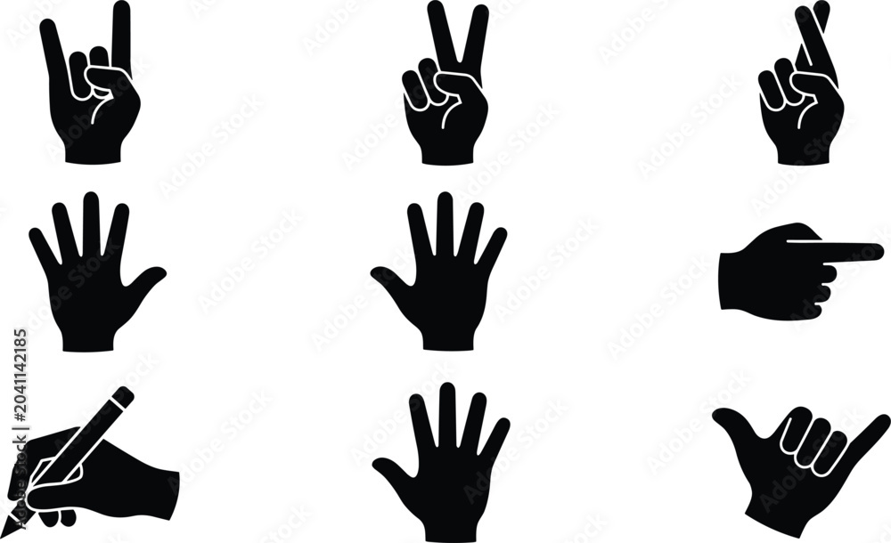 Fototapeta premium Black Silhouette Hand Gesture Icon Set with Rock On Peace Sign Shaka Pointing Writing and Open Palm for Communication UI and Symbol DesignPrint