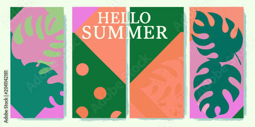 tropical leaf summer cards with bold colors and geometric patterns green pink