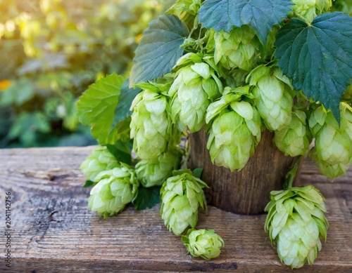 Fresh cones of green hops on the wooden background. Generated with AI