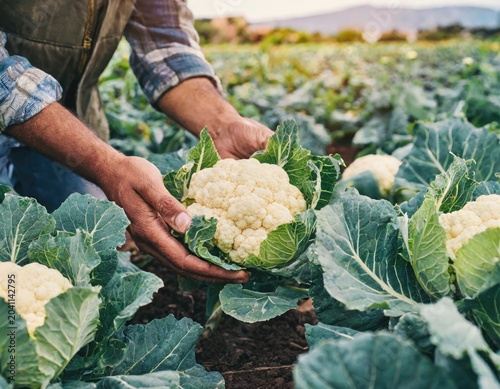 Farmer picks a cauliflower from a garden, organic farm. Generated with AI