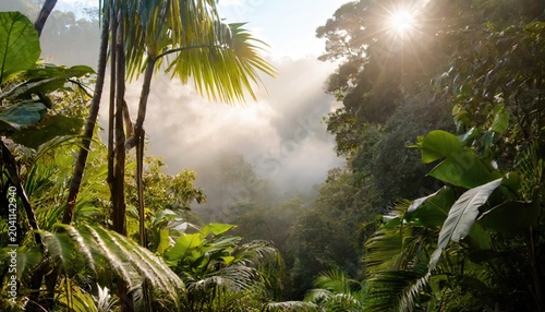 Humid tropical jungle with sun and fog around. Generated with AI
