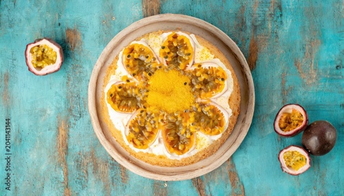 Top view of a delicious passion fruit cake. Generated with AI