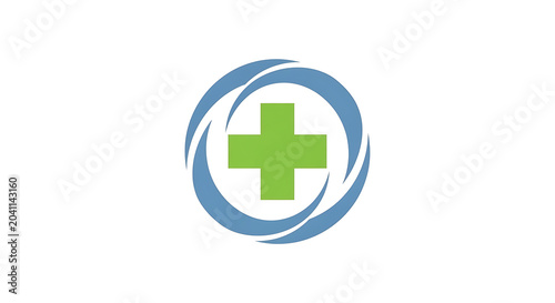 A green plus sign symbol of medical health and care within a blue circular emblem symbolizing wellness and healing