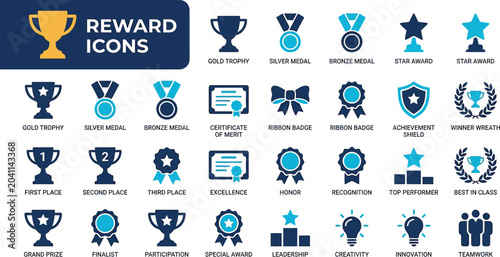 Photography A comprehensive set of reward and achievement icons, featuring trophies, medals, certificates, and recognition symbols in blue and gold