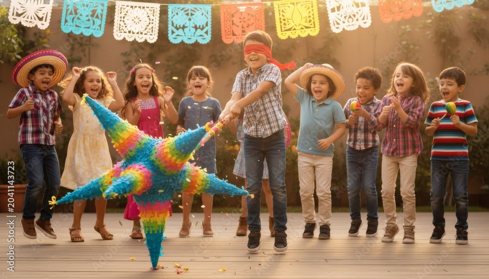 Naklejka premium Happy children trying to break a piata and pinata during a festive Cinco de Mayo celebration, capturing a joyful Mexican culture concept