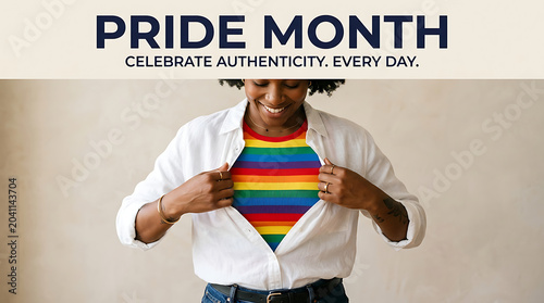 Person opening white shirt to reveal colorful rainbow pride shirt with identity