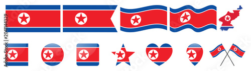Foto North korea flag icons set with national map and various vector shapes