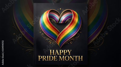 Happy pride month elegant golden text with rainbow ribbon heart, love wins
