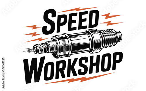Speed workshop logo vintage spark plug illustration with lightning bolts