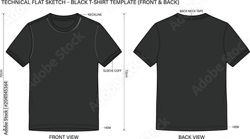 Foto Technical flat sketch of a black t shirt template vector showing front and back