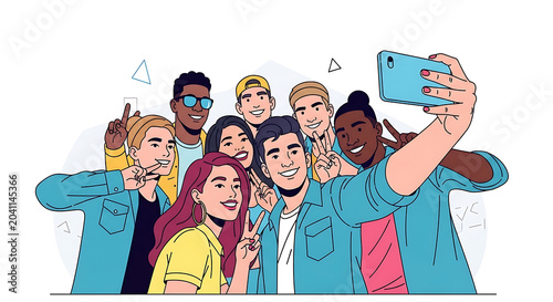 Happy Friends Taking Selfie Together Illustration