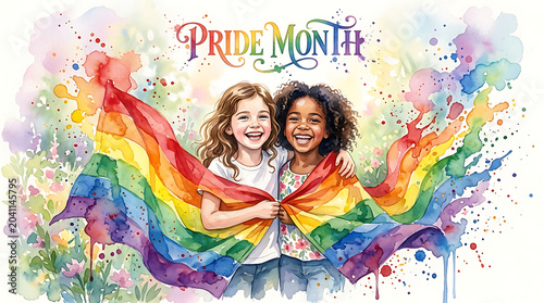 Watercolor pride month illustration with two happy children holding rainbow flag