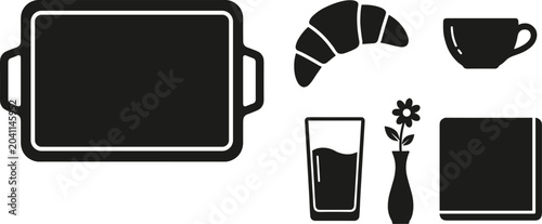 Set of black silhouette breakfast icons including tray croissant cup glass flower and napkin.