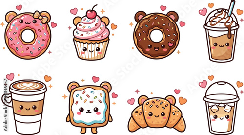 Fotografie Set of cute kawaii breakfast food and drink characters with smiling faces