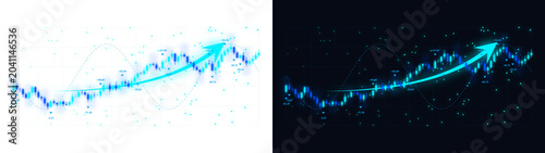Fotografie A PNG image of A dynamic digital financial chart with glowing blue candlestick bars and an upward trending arrow, indicating business growth on transparent background