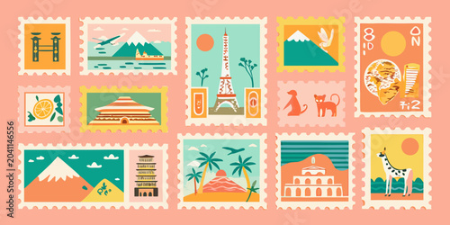 Canvas Print collection of colorful retro travel stamps on pink background vector art illustr