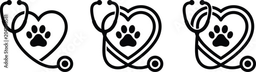 Set of three veterinary clinic icons with heart and paw print.