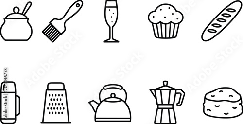 Set of ten kitchen and dining outline icons including cooking tools and food items.