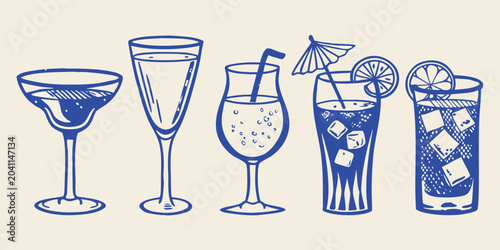 Bild auf Leinwand set of five hand drawn cocktail glasses in blue line art illustration