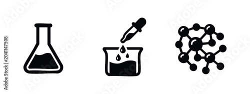 Photos Black icons: Erlenmeyer flask, beaker with dropper, molecular structure