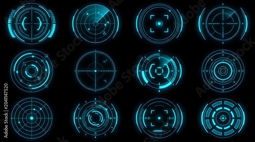 Targeting and Tracking Focus Twelve Glowing Blue Circular Futuristic HUD Elements on Black
