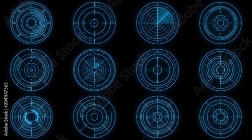 Cinematic Close-Up Array of Twelve Glowing Blue Circular Futuristic HUD Elements on Black