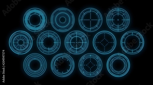 Cinematic Close-Up Array of Twelve Glowing Blue Circular Futuristic HUD Elements on Black