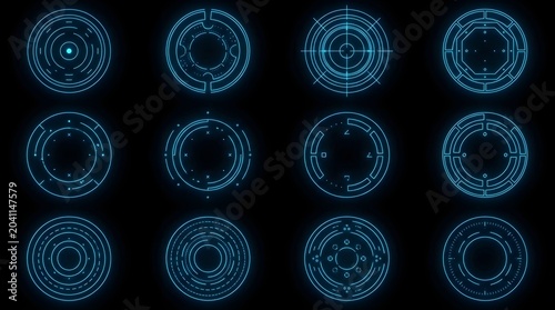 Data Stream Style Twelve Glowing Blue Circular Futuristic HUD Elements on Black Background