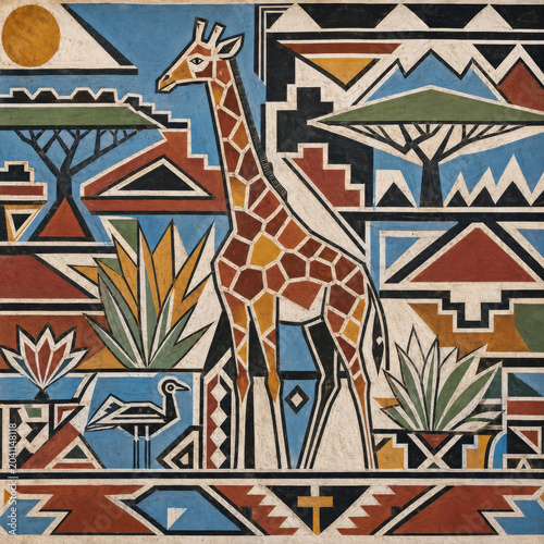 Traditional Ndebele Giraffe Art Print, Flat Mural Painting for Afro Geometric Luxury Decor
