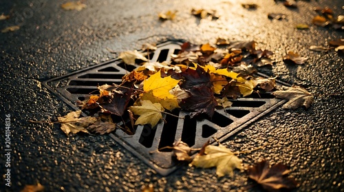 Fallen autumn leaves cluttering a storm drain on a wet pavement, hinting at the changing season and nature's cycle