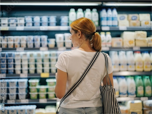 Woman with red hair wearing white shirt looking at refrigerated dairy products in supermarket aisle while holding a striped tote bag for grocery shopping