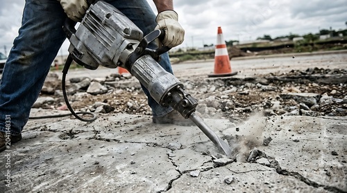 A construction worker using a jackhammer to break up concrete pavement. Dust and debris fly as the powerful tool pounds the ground, indicating demolition or road work in progress