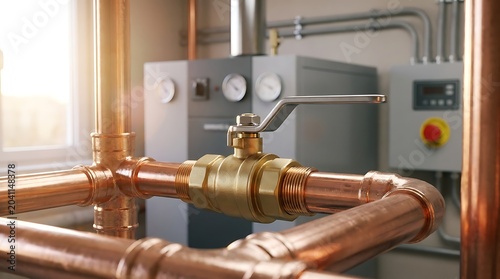 Close-up of copper pipes and a brass valve with gauges and machinery in the background, bathed in soft light