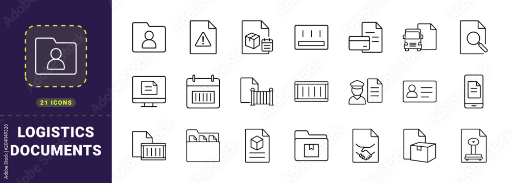 Obraz premium Logistics documentation line icon set. Vector pictograms of freight review, shipping papers, compliance workflow, and transport audit elements, thin linear illustration.