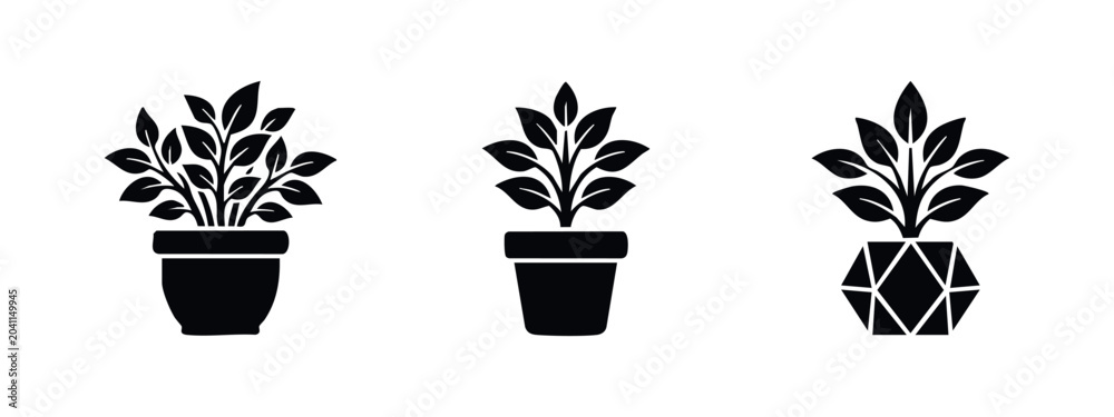 Fototapeta premium Potted plant and houseplant icon set. Indoor gardening, home decor, and nature symbols.