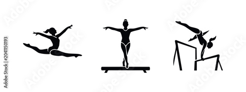 Photos Gymnastics Icons Set, Athletes and Poses, Black Silhouette