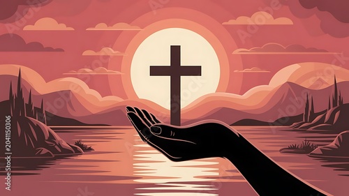 Hand Holding Cross with Sunset Sky and Water Spiritual Faith Religion Illustration
