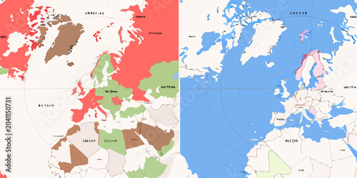 Foto two side by side arctic focused world maps with color coding cartography