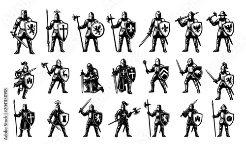 Canvas Print Black and White Medieval Knight Warriors with Swords and Shields Vector Collecti