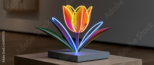 A stunning neon tulip sculpture glows in vibrant colors, showcasing modern artistry in a contemporary gallery setting, perfect to add flair to any artistic collection.