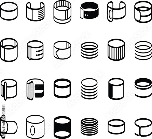 Cylinder pipe and metal ring vector icon set with isometric round tubes mechanical spring coils industrial collars wristbands and black line engineering shapes isolated on white background