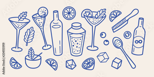 Bild auf Leinwand mixology essentials line art set on beige background cocktail glass shaker bottl
