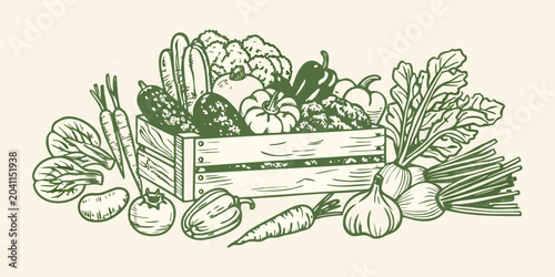 farm fresh vegetables in wooden crate line illustration produce greens carrots onions