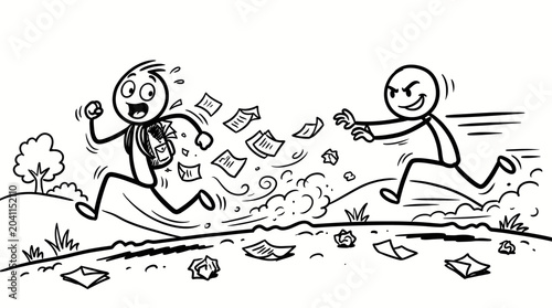 Tableau sur toile A stick figure man is running away from another stick figure man who is chasing him and trying to grab papers that are falling from his bag