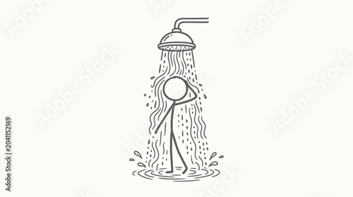 Canvastavla A simple line drawing of a stick figure person taking a shower under a showerhead with water splashing around their feet