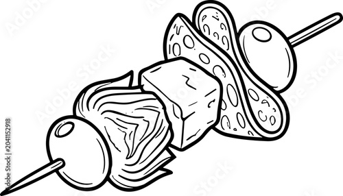фотографія Hand Drawn Skewer with Olive, Artichoke, Cheese, and Salami - Line Art Food Illu